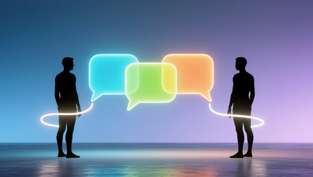 Two figures stand on a serene landscape, connected through colorful speech bubbles.の素材