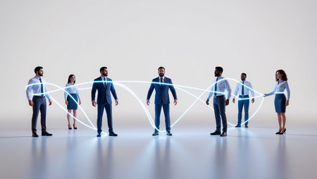 A group of business people interact as digital lines connect them in a modern space.の素材