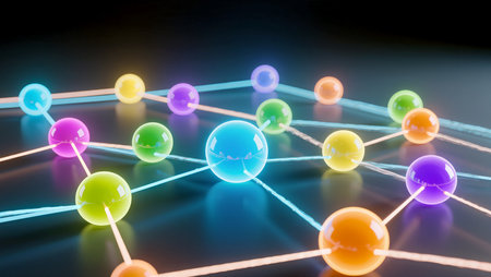 Bright spheres linked by glowing threads create a vibrant network showcasing connectivity.の素材
