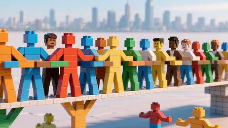 Vibrant block figures stand hand in hand on a bridge with a bustling city behind them.の素材