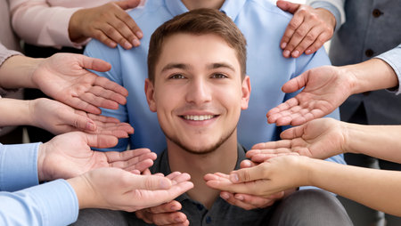 A group of hands reach out towards a cheerful man, creating a warm atmosphere of support.の素材