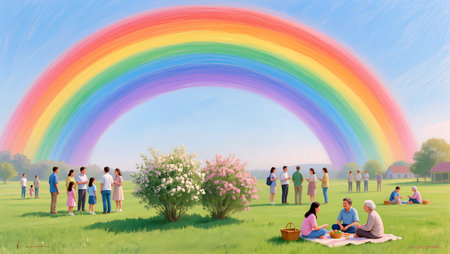 Families gather for a joyful picnic, enjoying each other's company under a rainbow.の素材