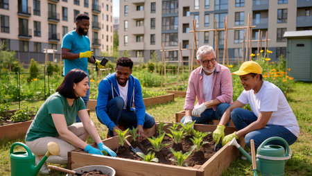 People work together to plant new flowers and vegetables in a sunny garden.の素材