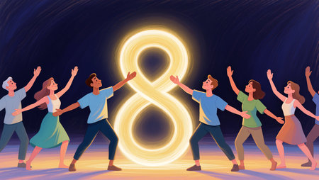 A group of joyful people gather around a glowing number eight, celebrating together.の素材