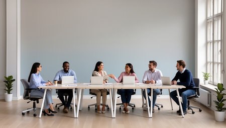 Group of professionals engaging in collaborative discussion at a sleek office.の素材
