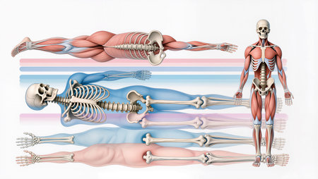 Detailed representation of human anatomy showing muscles, skeleton, and structure.の素材
