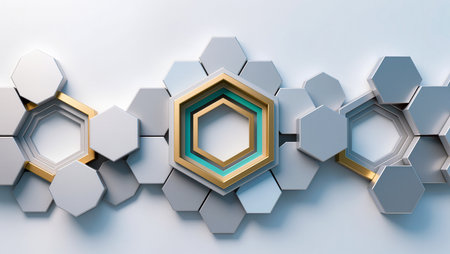 Geometric patterns create a modern aesthetic with layers of hexagons and colors.の素材