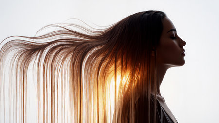 A woman stands in profile as sunlight illuminates her long, silky hair beautifully.の素材