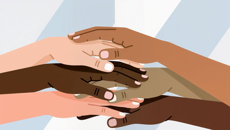 Various hands of different skin tones connect to express harmony and teamwork.の素材