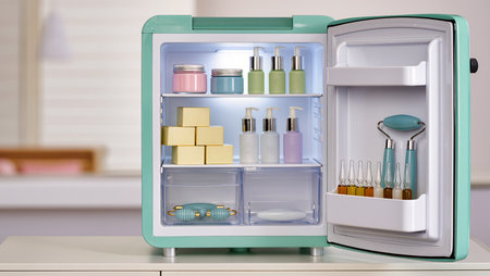 A tidy skincare refrigerator organizes beauty items and tools neatly.の素材