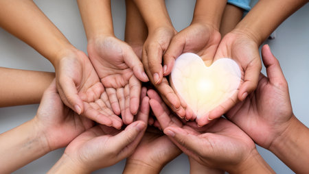 Groups of hands gather around a shining heart, symbolizing love and togetherness.の素材
