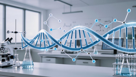 Advanced tools and a digital DNA structure illustrate cutting-edge research in science.の素材