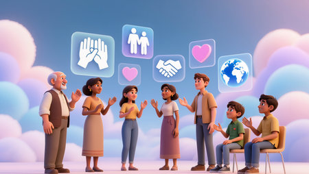 A group of diverse characters engages in meaningful discussions about relationships.の素材