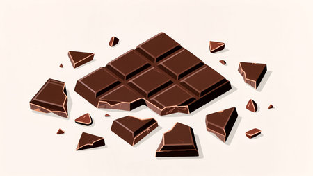 A rich dark chocolate bar is broken into several pieces, creating a delightful scene.の素材