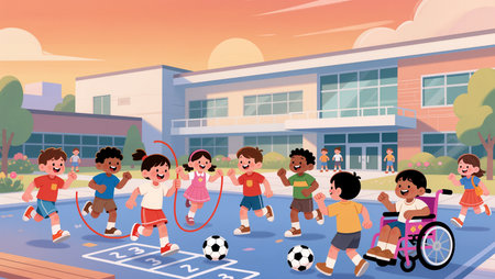 Children are playing games in a colorful schoolyard filled with joy and energy.の素材