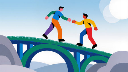 Two diversely dressed figures extend hands on a colorful bridge against a bright sky.の素材