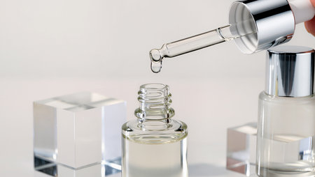 Clear serum is being carefully extracted using a dropper from a stylish glass vial.の素材