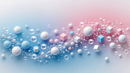 Bright spheres and cubes float in a swirling pattern of color and light.の素材