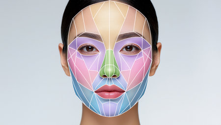 A striking face adorned with vibrant geometric patterns highlights modern beauty trends.の素材