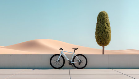 A sleek bike leans by a tree near sand dunes under a wide sky.の素材
