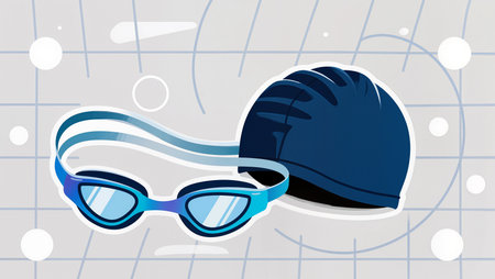 Bright swim goggles and cap placed neatly, awaiting a refreshing swim in summer.の素材