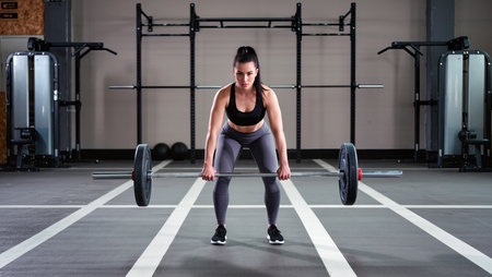 A focused individual lifts weights in a bright gym, showing strength and determination.の素材