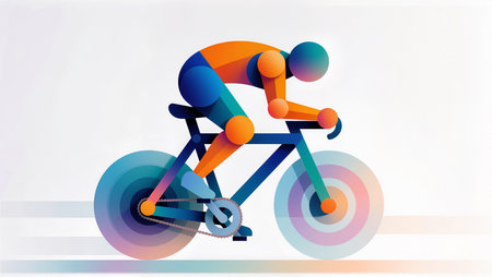 A vibrant cyclist speeds forward, blending colors and motion in a creative display.の素材