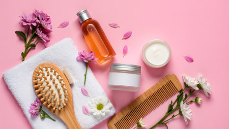 Beauty products and tools beautifully laid out with flowers on a pastel backdrop.の素材