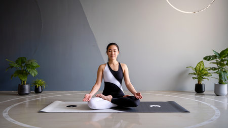A serene woman practices meditation in a stylish studio filled with plants.の素材