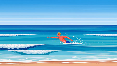 A swimmer enjoys the warm sun and refreshing sea water while swimming smoothly.の素材