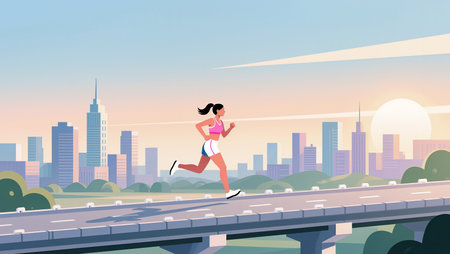 Woman runs on a bridge at sunrise, creating a peaceful cityscape.の素材