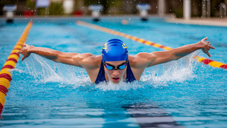 A young athlete showcases skill and determination while swimming butterfly in a pool.の素材
