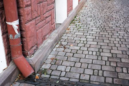 A quaint brick wall frames a beautiful cobblestone walkway lined with leaves.