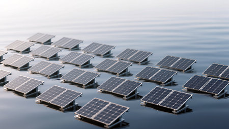 Solar panels are installed on a tranquil body of water, capturing sunlight efficiently.の素材
