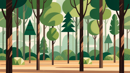 Tall trees fill the scenery, creating a serene forest space full of life and color.の素材