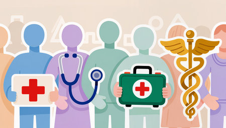 Diverse healthcare workers gather together showing their dedication and tools.の素材