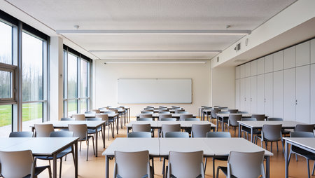 Spacious classroom with neatly arranged desks and large windows for natural light.の素材