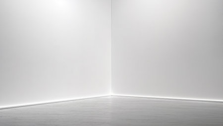 Soft light illuminates a clean, white corner of an art gallery, creating serenity.の素材