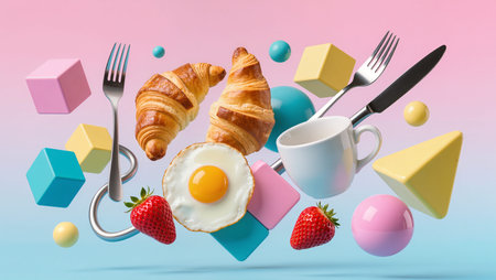 Croissants, a sunny-side-up egg, and strawberries create a vibrant breakfast moment.の素材