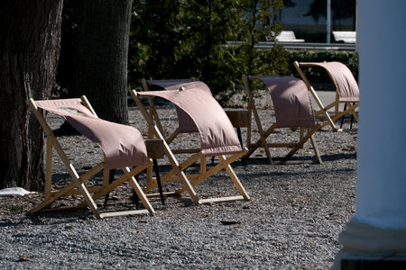 Lounge chairs lined up quietly in the sunny garden, inviting relaxation and peace.