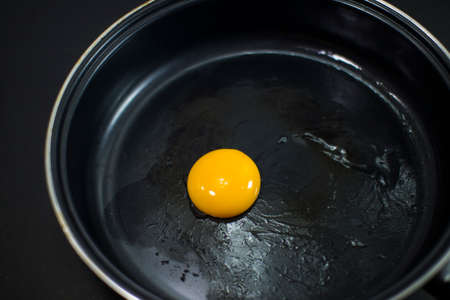 Yolk in black pan.の写真素材