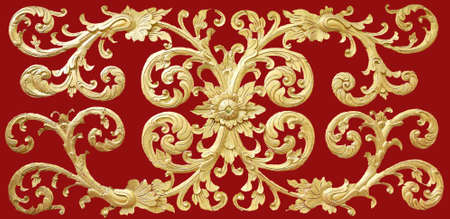 Traditional thai style stucco  on wall or roof in temple of northern Thailand isolated on red background.の写真素材