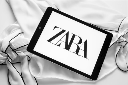 Galicia, Spain; january 30 2019: Zara new logo. Tablet with new curvy typeface logo on black and...