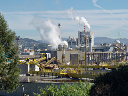 Pontevedra, Spain; February 26 2019: ENCE pulp wood factory Manufacturer of paper in the Ria de Pontevedra, Galicia Spainのeditorial素材