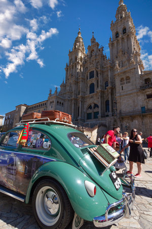 Santiago de Compostela, Galicia, Spain; september 22 2018: Old Volkswagen beetle with luggage-rack. Exhibition of classic and vintage cars. Obradoiro square Santiago de Compostelaのeditorial素材