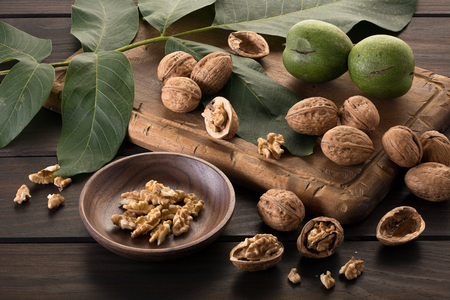 Walnut still life. Superfood. Rustic style. Juglans regiaの写真素材