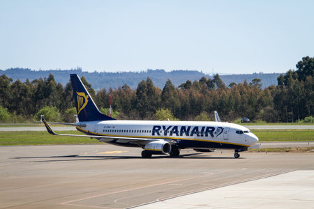 Santiago de Compostela, Spain. April 28, 2019: Ryanair plane on Santiago de Compostela Airportのeditorial素材