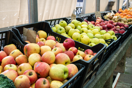 Fresh organic apples on crates at farmers market. Santoiago de Compostela, Spainの写真素材