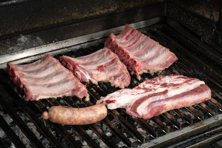 Barbecue with fresh pork ribs, beef and sausage. Spanish churrasco