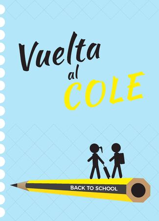Back to school vector banner,poster card design with wooden pencil, children silhouettes and spanish text Back to Schoolのイラスト素材